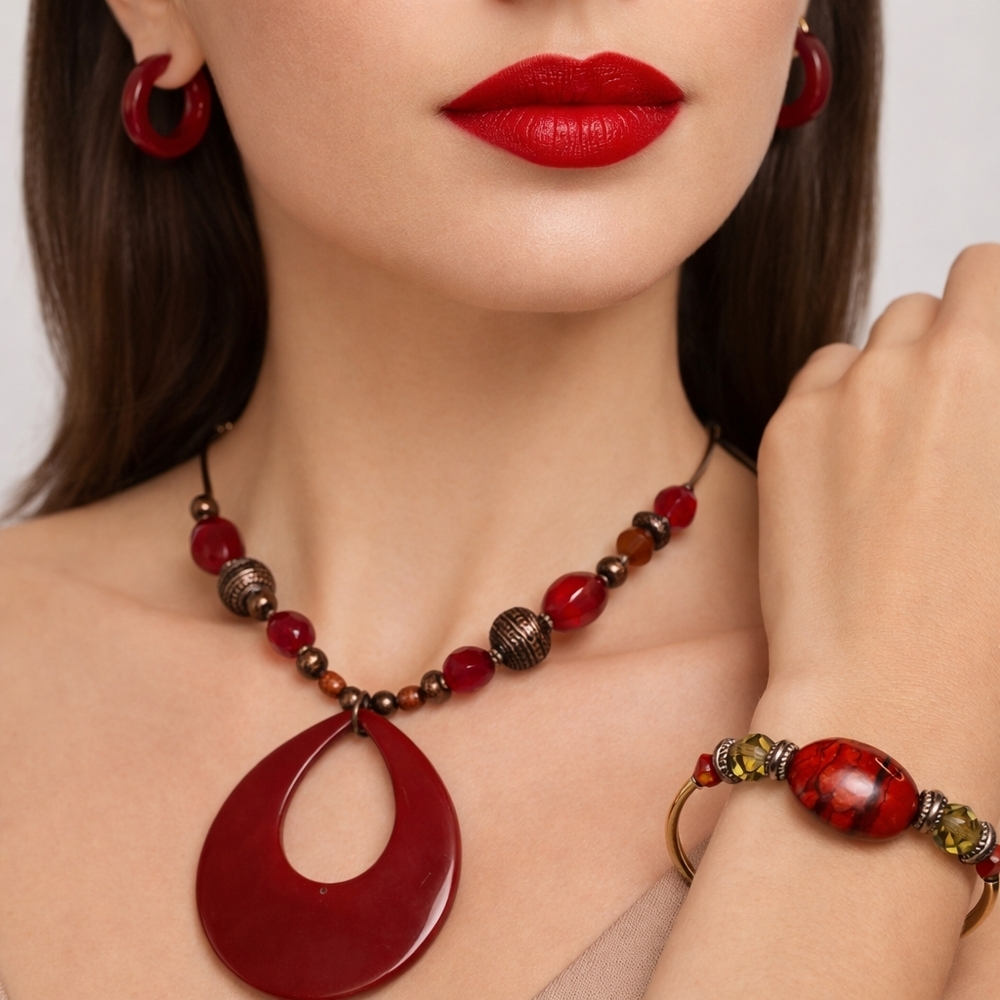 Statement Red Pendant Necklace Set – Bracelet & Hoop‎ Earrings – Bold Boho Glam